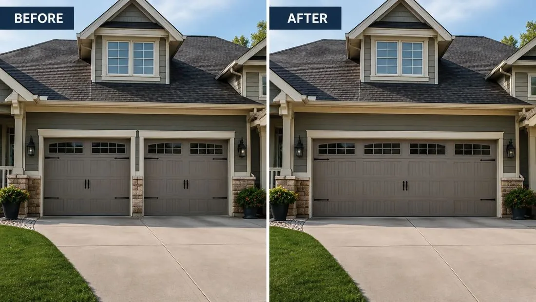 Carriage-style, widened: two doors into one, hardware matched to the home